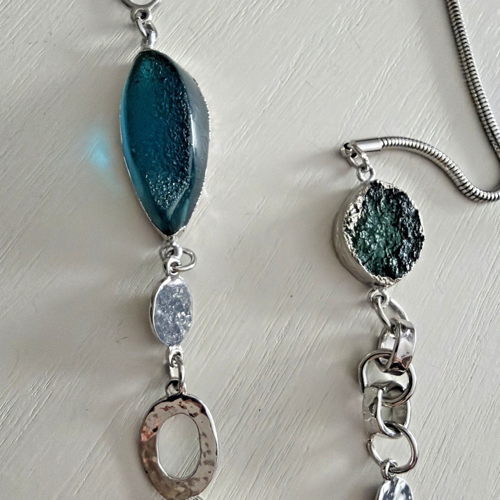 Chicos Blue And Green Stone And Silver Tone Metal Ring - Long Necklace 20-24" - Picture 3 of 11